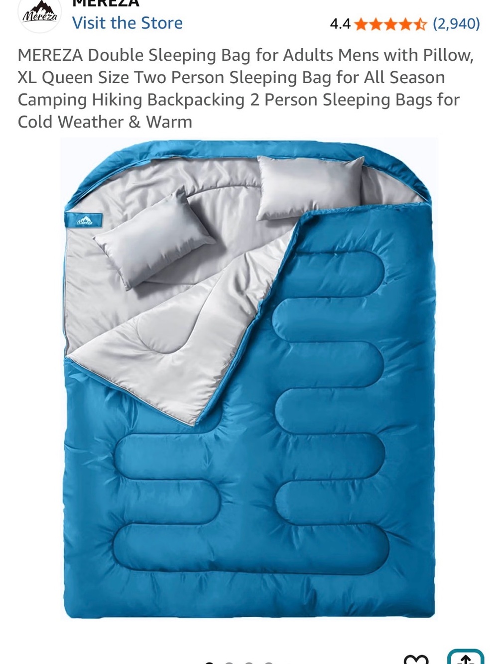 Reversible Blue & Gray Double Sleeping Bag with Pillow